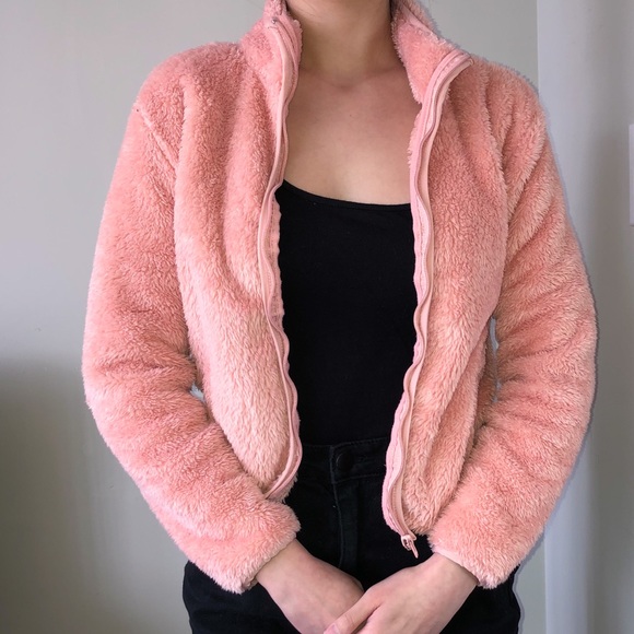 Furry Pink Zip Up Sweater - Picture 1 of 4